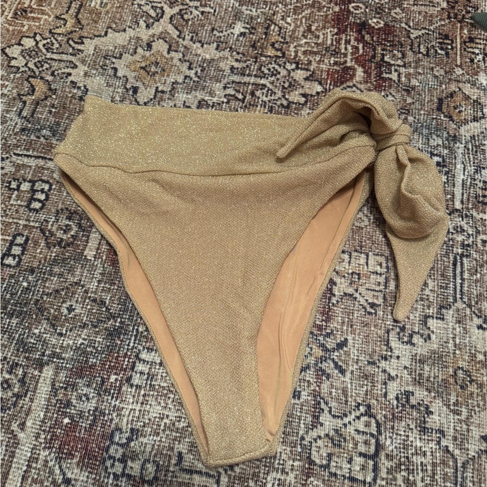 Beach Riot Shimmering Gold high waisted swim bottoms with side bow tie size M